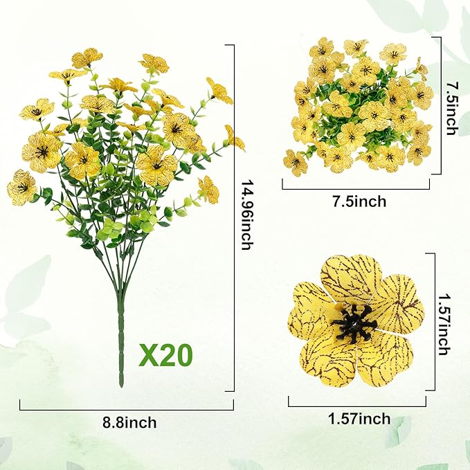 Besteek 20 Bundles Artificial Flowers for Outdoors Decoration Fake Silk Flowers UV Resistant Faux Plants Artificial Daisy Eucalyptus for Spring Summer Garden Yard Porch Window Home Decor, Yellow