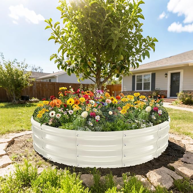 5FT Diameter Galvanized Garden Raised Bed/Plant Box/Fire Pit Ring - 0.8mm Thick,12 Inch Tall,Perfect for Planting a Variety of Flowers,Herbs,Vegetables (Cream White, 60 Dia X 12 inches)