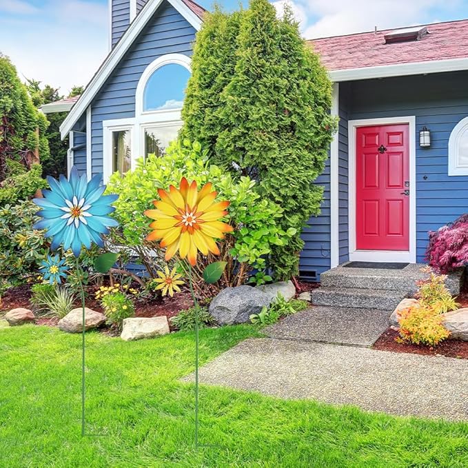 YEAHOME Garden Decor for Outside, 35.4“ Set of 2 Metal Flowers Decorative Garden Stakes for Spring Decor, Yard Art Flower Stakes for Outdoor Lawn Backyard Porch Garden Decorations (Yellow, Blue)
