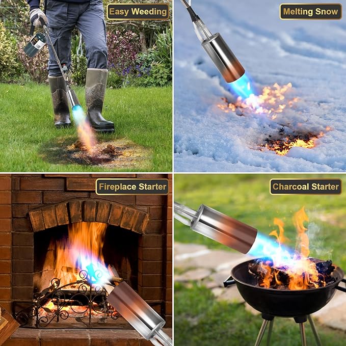 Propane Torch Weed Burner, 35" Long Arm Weed Torch Include a Weed Rake, Fire Starter, Charcoal Starter, Blow Torch with Flame Control and Igniter for Roof, Wood, Ice, Snow (Tank not included)