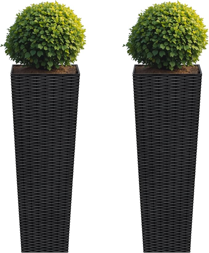 Flamaker Resin Rattan-Design Planters Set of 2, 32'' Tall Flowerpot with Additional Pot for Soil, Durable Weather-Resistant Planter with Drainage Holes for Garden, Patio, Backyard (Black, Large)