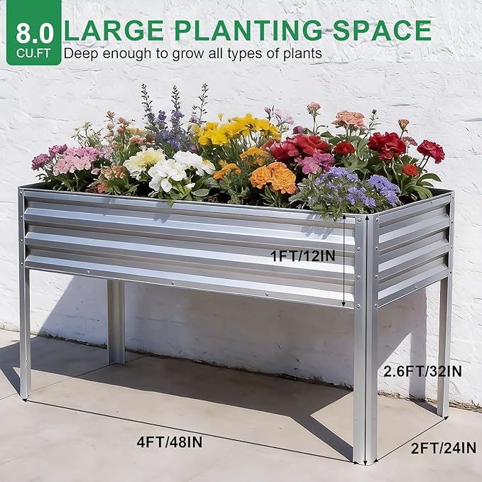 Elevated Raised Garden Bed with Legs, 48x24x32in Galvanized Planter Box Outdoor with Drainage Holes, Large Metal Raised Beds for Gardening Vegetables Herbs, Backyard, Patio, Balcony - Silver