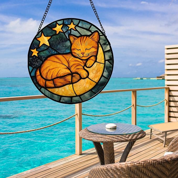 Stained Glass Window Hanging - Orange Cat Sun Catcher for Door Home Decor Stars and Moon Suncatcher Christmas Mother's Day Birthday Loss of a Pet Gifts for Women Men Mom Nana 9.8 in