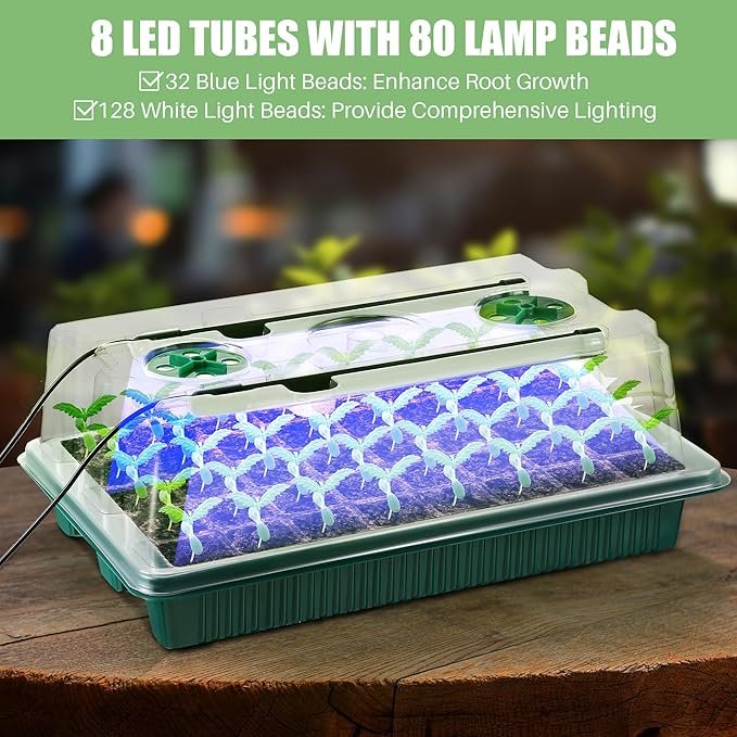 Saillong 4 Pack Seed Starter Tray with Grow Light, 80 Cells Indoor Greenhouse Kit, 360° Full Spectrum LED, Smart Timer, 5 Brightness Levels Indoor Plant Starter Kit for Home Gardeners