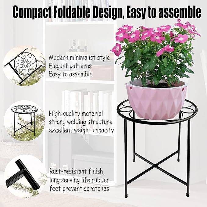ZEECER Plant Stand, 15'' Tall Plant Stands Indoor Outdoor Set of 2, Retro Design Round Plant Stand, Rust-proof Coated Metal Plant Pot Stand Flower Stands for Indoor Plants Patio Garden Home Decor