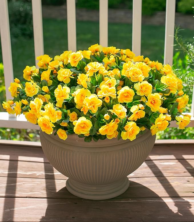 Ivydale Artificial Fake Flowers Plants for Outdoor Outside Spring Decor, Faux Silk Yellow Camellia UV Resistant Look Real for Planter Pot Porch Patio Balcony Garden Yard, 3 Large Bundles