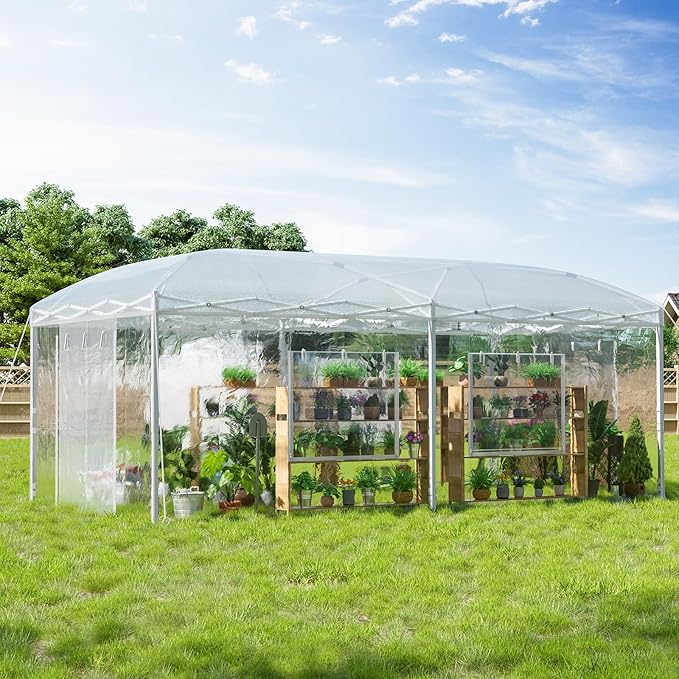 AMERLIFE 19.2×10×8.5 FT Pop-up Greenhouses for Outdoors Indoor with Adjustable Strong Frame, Movable Walk in Greenhouse with 2 Roll-up Zipper Doors, Windows and PE Cover, White