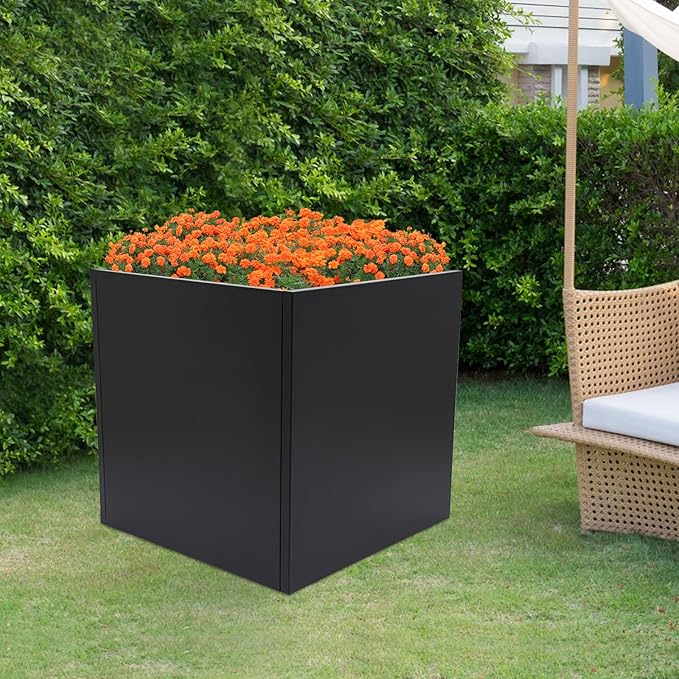 16~32inch Steel Planter Square Outdoor Planters Box Indoor Metal Large Planters Cube, Heavy Duty Flower Pot Modern for Commercial Residential Home Garden Porch Hotel Patio (Black, 26×26×26in)