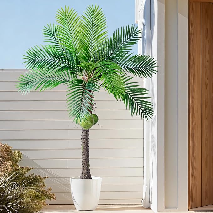 Erimda 30-Year Factory Faux Coconut Tree - 6FT Faux Palm Tree Realistic Thick Trunk & Heavy Duty Leaves, Hand-Carved Bark Texture, Indoor Tropical Decor for Living Room/Store, No Shiny Plastic Look