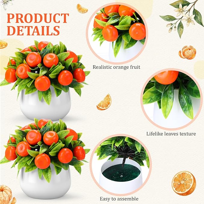 2 Pack Artificial Orange Potted Plants 7.09 Inches Fake Orange Tree Simulation Realistic Fruit Plant with Pot Faux Tree Indoor Decoration for Home Office Living Room Table Desk