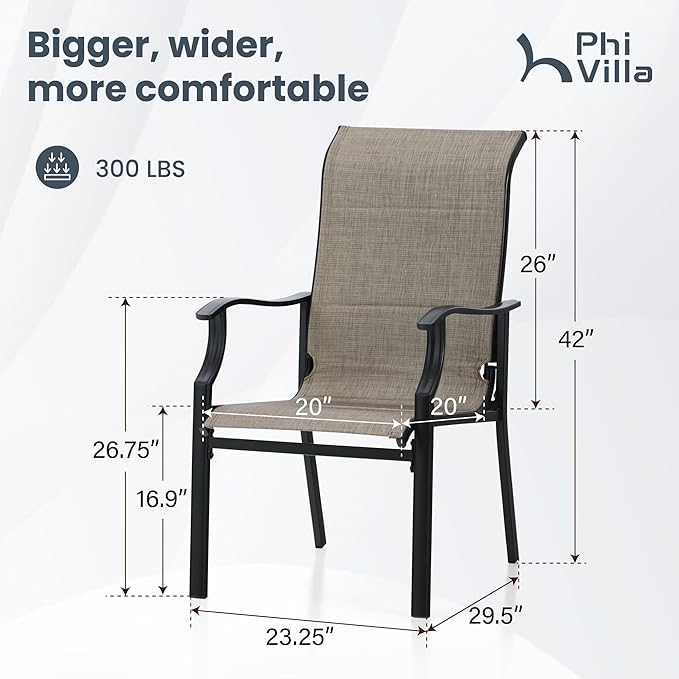 PHI VILLA Outdoor Dining Chairs Set of 4, High Back Textilene Fabric Padded Armchairs with E-Coated Steel Frame for Patio, Porch, Deck, Yard