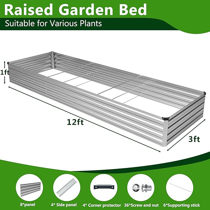Easllre 2PCS 12x3x1ft Galvanized Raised Garden Bed Kit, Galvanized Planter Raised Garden Boxes Outdoor, Large Metal Raised Garden Beds for Vegetables,Silver