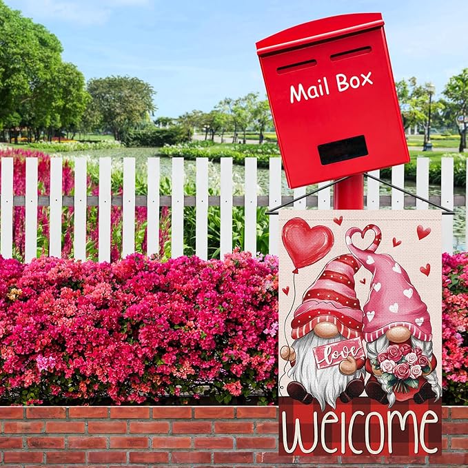 Valentines Day Gnomes Garden Flag 12x18 Inch Double Sided，Flower Love Hearts Welcome Small Burlap Yard Flag for Home Outside Holiday Decoration