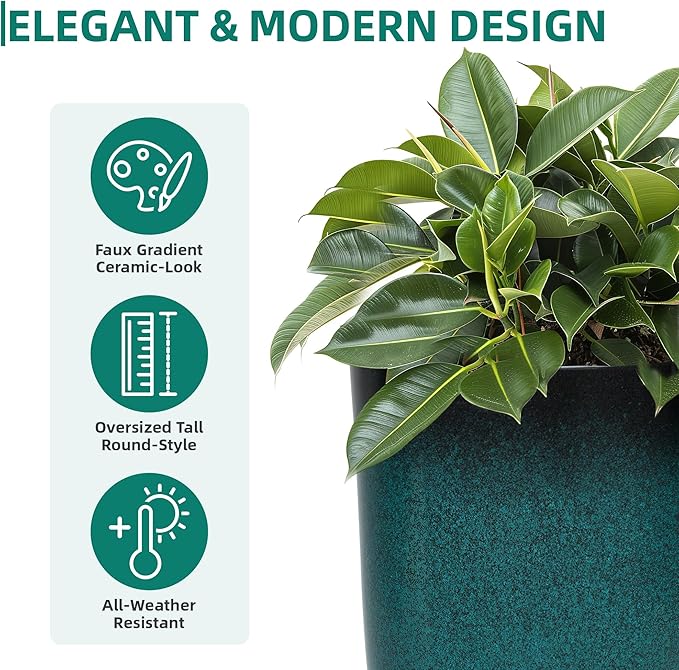 Autodaya 24" Tall Planters Set of 2, High-Density PP Ceramic-Look Outdoor Pots for Plants, Versatile Indoor/Outdoor Flower Pots w/Drainage Hole for Patio Garden Porch & Living Room Decor, Ideal Gift