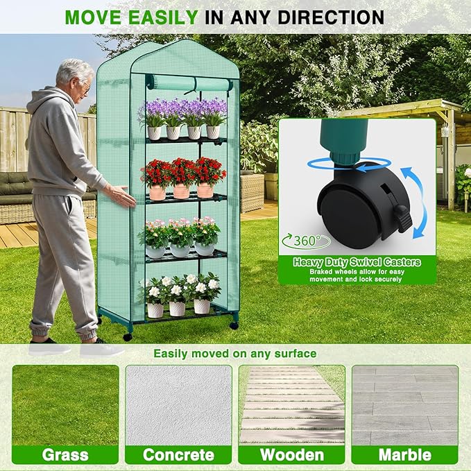 Yesker Mini Greenhouse 27"x20"x63" Portable Indoor / Outdoor Small Green House with 4 Tier 4 Shelves Wheels Thicken PE Cover Compact Greenhouses Kit for Winter Gardening Balcony Patio Backyard, Green