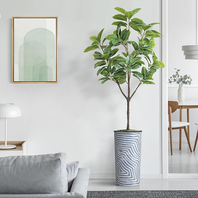 Artificial Tree in Contemporary Geometric Pattern Planter, Fake Rubber Silk TRE for Indoor and Outdoor Home Decoration - 70" Overall Tall (Plant Pot Plus Tree)
