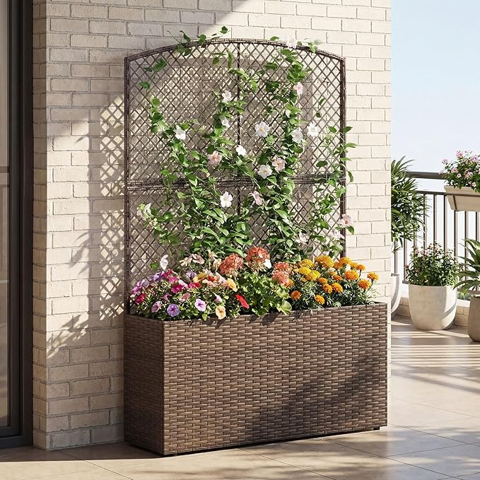Happygrill Raised Garden Bed with Trellis, 58" Wicker Planter Box with Privacy Screen, Liner, Drainage for Patio Balcony, Outdoor PE Rattan Elevated Garden Bed for Climbing Plant Vine Flower (Brown,1)