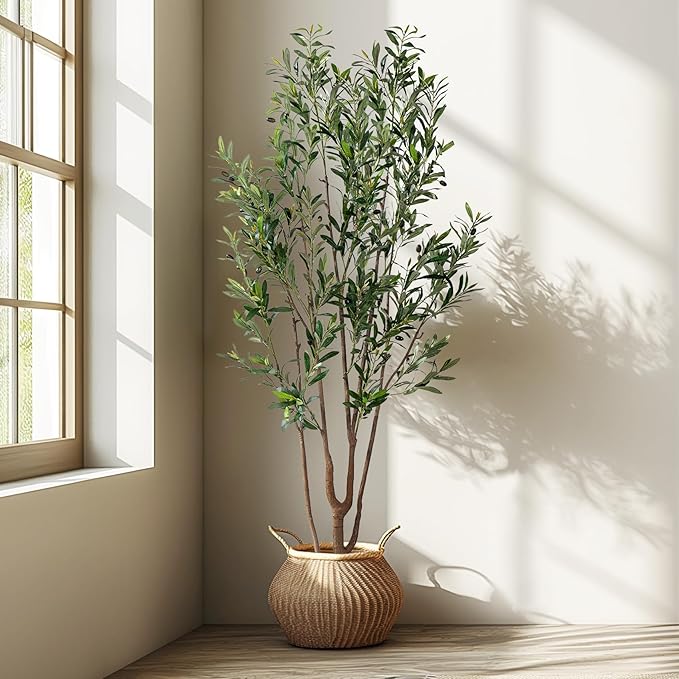 Erimda 7FT Artificial Olive Tree Tall Faux Silk Plant Tall Faux Olive Tree with Natural Wood Trunk & Lifelike Fruits Fake Potted Tree or Home Office Decor