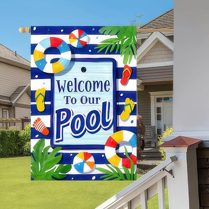 Welcome To Our Pool Garden Flag12x18 Inch Double Sided Summer Beach Bar Pub Porch Patio Deck Backyard Poolside Decor Outside Holiday Party Seasonal Farmhouse Banner Outdoor Decor