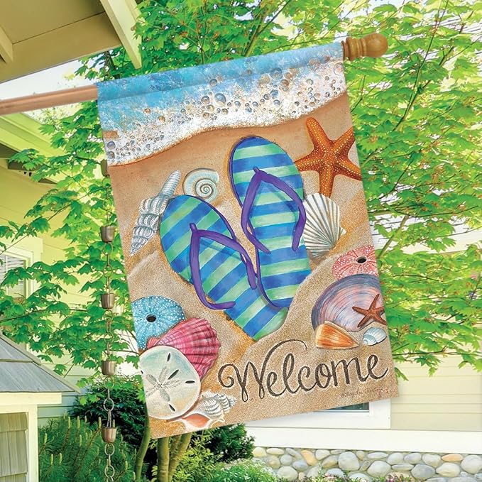 Day in the Sun Summer House Flag Flip Flops Welcome Shoreline 28" x 40"