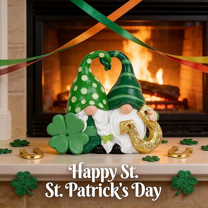 Hodao Green St. Patrick's Day Couple's Gnome 3.75" H Resin Standing Figurine for Spring-Lucky Man with Love Intertwined Home Holiday Decorations Indoor Home Decor Lucky Green Gnome