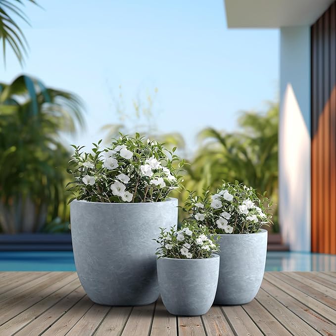 Kante Round Concrete Planter Set of 3, Large Outdoor Indoor Plant Pots with Drainage Hole, 10/14/18-Inch Diameter Flower Pots for Patio, Garden and Home, Slate Gray