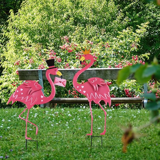 hogardeck Valentines Day Decorations Outdoor, 2 Pcs 31" Metal Flamingos Decorative Garden Stakes for Valentines Day Decor, Yard Sign for Home Outside Lawn Porch Anniversary Wedding Party