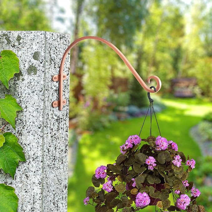 Monarch Abode Hanging Basket Hooks, Heavy Duty Metal Plant Hangers Outdoor or Indoor for Flower Basket, Wall Fence Hooks for Bird Feeder Bracket, Set of 2, 14-inch Copper Plant Wall Hanger