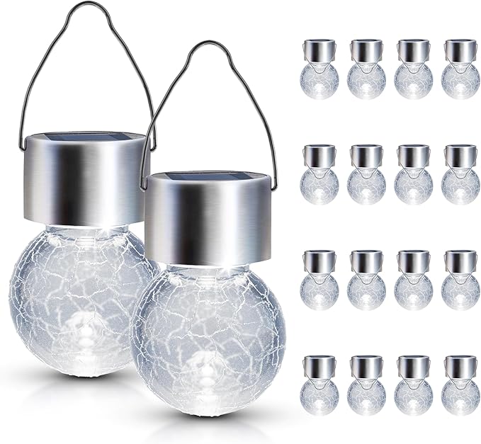 GIGALUMI 16 Pack Solar Outdoor Lights - Hanging Lights for Christmas Decoration - Cracked Glass, Waterproof for Garden, Yard, Fence, Tree (Cold White)