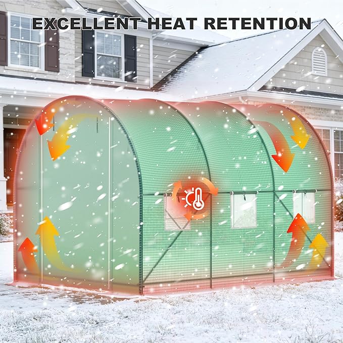 Greenhouses for Outdoors, Walk-in Green Houses for Outside Heavy Duty, Large Greenhouse with 6 Ventilated Screen Windows & Roll-up Door & Reinforced Frame (10×7×7 FT Without Irrigation System)