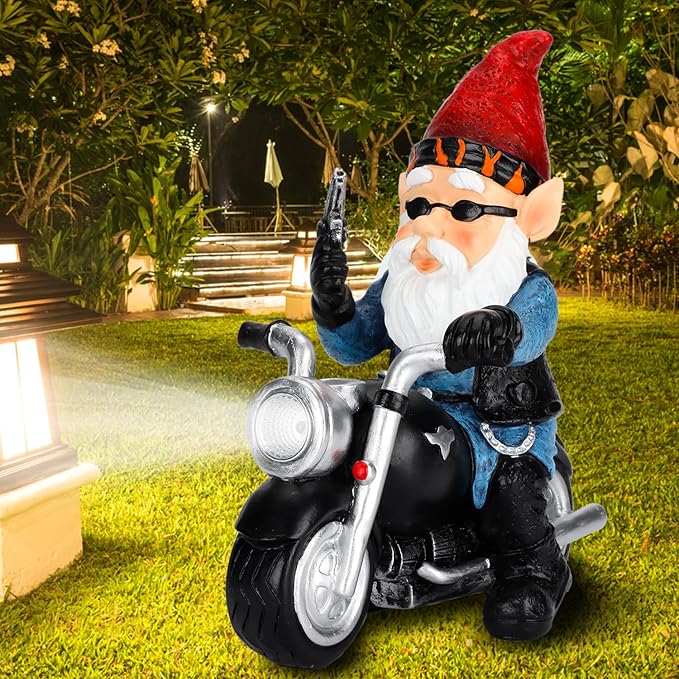 Garden Gnome Riding Motorcycle with Solar Light, Funny Outdoor Gnome Decoration Indoor Outdoor Lawn Figurines for Home Yard Décor, Medium