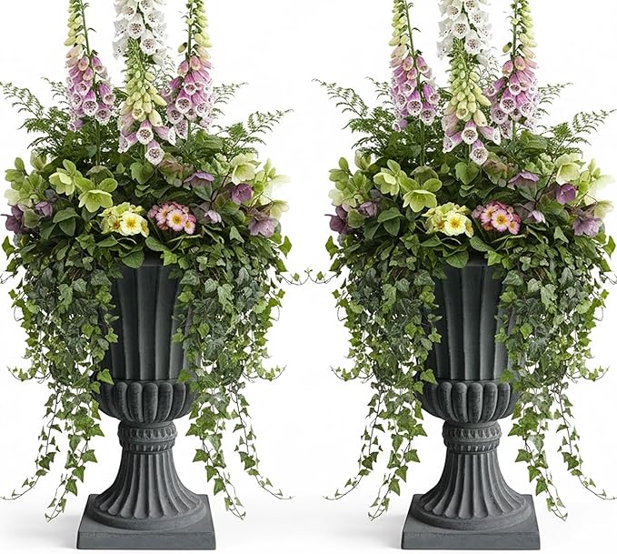 Austram Urn Planters 22", Set of 2, Tall Stone-Resin Pedestal Planters for Outdoor Plants, Large Front Porch Decor, Patio Garden Pots, Outdoor Urns for Entryway, Porch & Deck, Grey Plant Pot