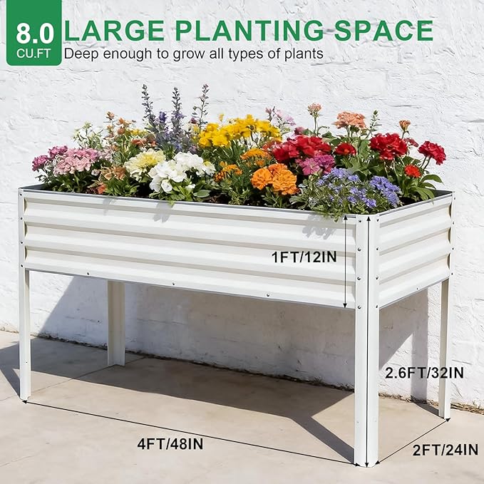Elevated Raised Garden Bed with Legs, 48x24x32in Galvanized Planter Box Outdoor with Drainage Holes, Large Metal Raised Beds for Gardening Vegetables Herbs, Backyard, Patio, Balcony, White