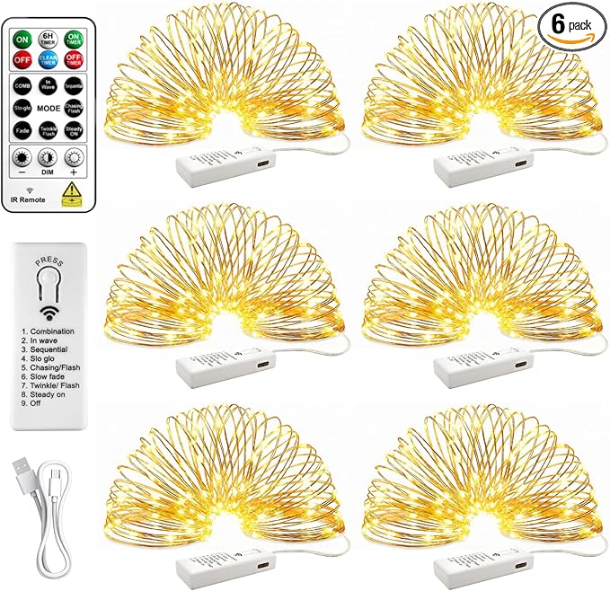 HXWEIYE 6 Pack Rechargeable Fairy Lights Battery Operated with Remote & DIY Timer, 7ft 20LED Mini Twinkle String Light for Mason Jar DIY Wedding Table Centerpieces Party Bedroom Christmas (Warm White)