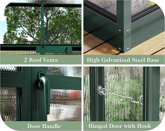 Jocisland 7.5x7.6x7.4 FT Outdoor Aluminum Polycarbonate Greenhouse with Ventilation and Rain Gutter, Double Swing Doors with Hook, Walk in Greenhouse for Outdoors, Backyard, Garden (Green)