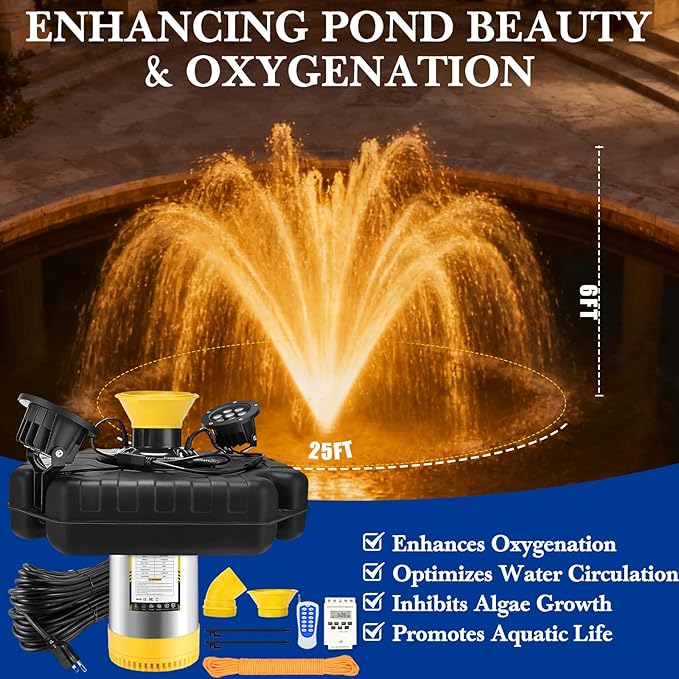 Pond Fountain Aerator with Lights Burnvale BU-F5, 2 RGB LED 1HP 15000 GPH Floating Aerating Fountain with Timer, 100FT Power Cord and Rope Aerator Water Pump, for Large Outdoor Ponds Lakes and Pool