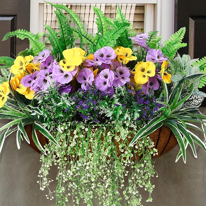24 Pcs Outdoor Artificial Plants UV Resistant Faux Plant Fake Greenery Stems Faux Shrubs Flower for Outside Hanging Front Porch Patio Garden Window Box Home Wedding Summer Spring Decor(Green Purple)