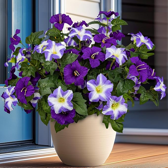 Brlita 19 Inch Artificial Flowers for Outdoor Indoor Garden Home Decoration,Faux Flower for Home Office Garden Patio Balcony 4 Bundles (Double Purple)