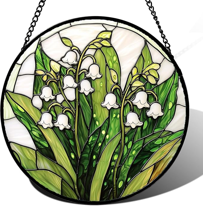 DASTOLL Stained Glass Window Hanging, Lily of The Valley Flower Sun Catchers Colorful Glass Panel Green Plants Suncatcher Decor for Birthday for Women,Men,Wife, Lovers, and Mom 14.9 in