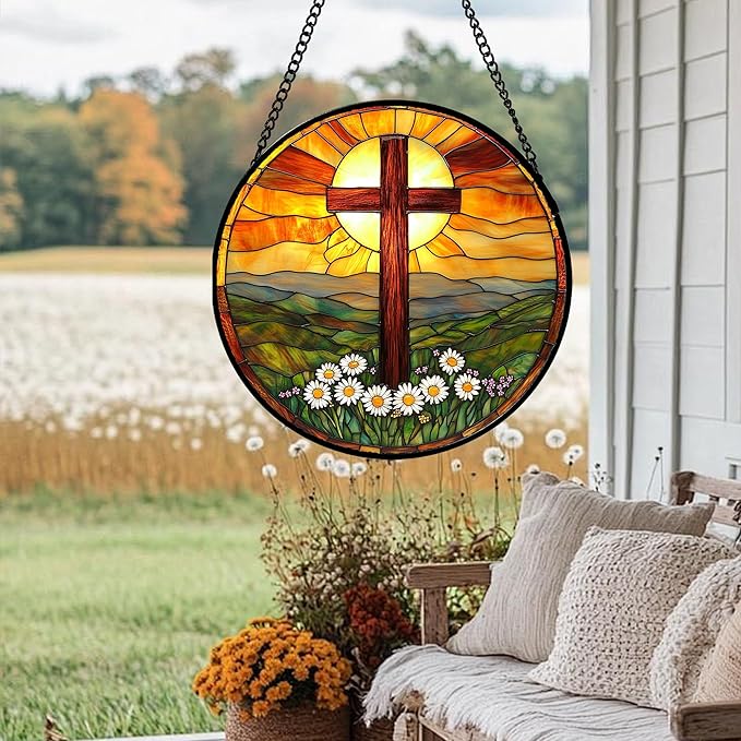 JOSUMALY Christian Gifts for Women - Cross Stained Glass Window Hanging Easter Daisy Natural Landscape Sun Catcher Garden Religion Decor Mother's Day Catholic Gift for Men Grandma Mom Her Nana 9.8"