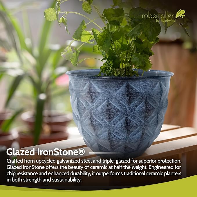 Headwind Glazed Ironstone Diamonte Collection – Capri Blue 8-Inch Decorative Plant Pot, Indoor & Outdoor, Vintage Diamond-Textured, Lightweight & Weather-Resistant for Garden Use by Robert Allen