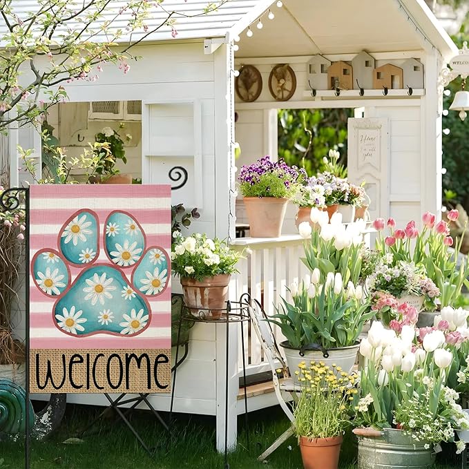 Welcome Spring Garden Flags for Outside, Dog Paw with Daisy Flowers Stripes Yard Decoration, Small Seasonal Outdoor Decor for Summer Farmhouse Holiday,12x18 Inch Double Sided