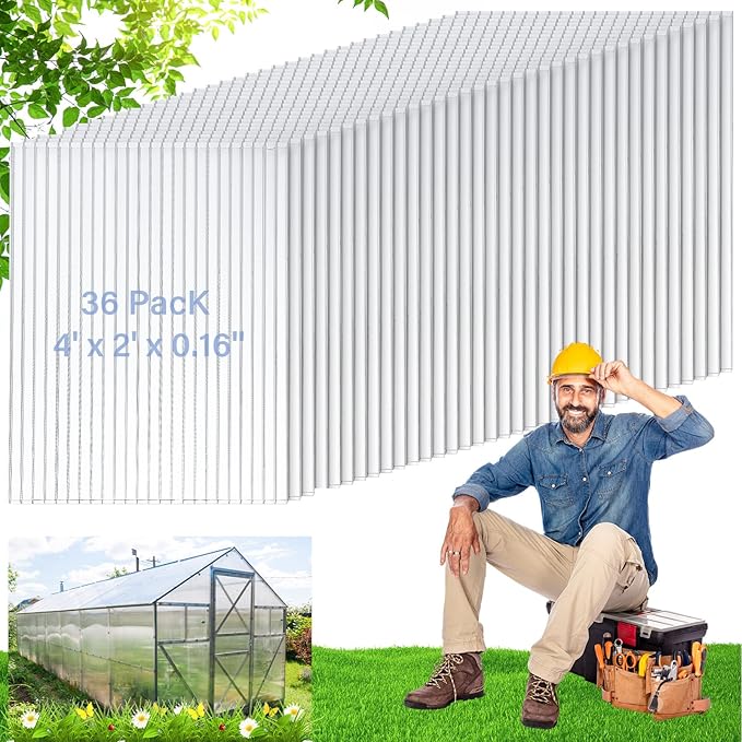 Tatuo 36 Pack 4' X 2' X 0.16'' Polycarbonate Greenhouse Panels Polycarbonate Sheets Twin-Wall Roof Panels Waterproof UV Protected Clear Corrugated Plastic Roofing for Greenhouse Replacement