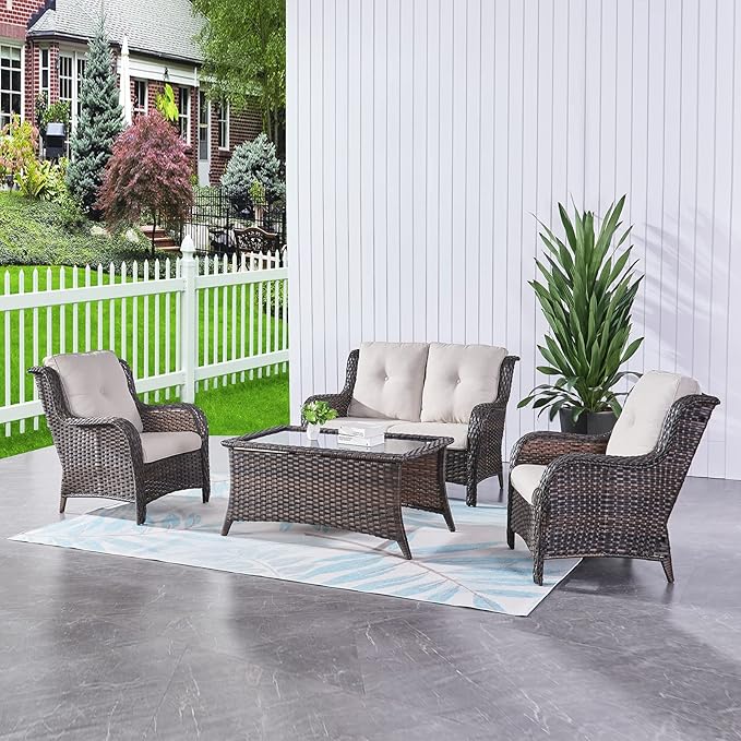 HUMMUH 4 Piece Patio Conversation Furniture Set PE Wicker Rattan Outdoor Loveseat Sofa,Patio Chairs,Coffee Table for Garden,Poolside,Backyard,Deck
