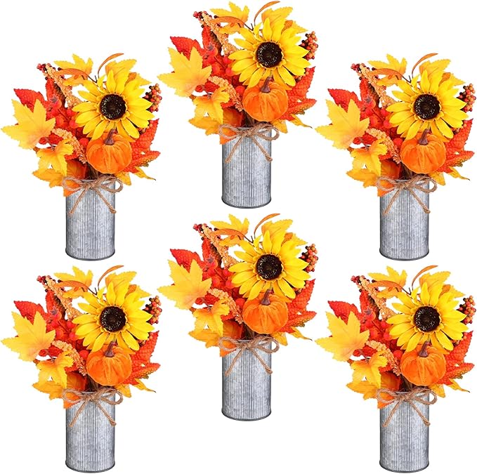 6 Pack Fall Fake Potted Plants Thanksgiving Floral Arrangements Artificial Sunflowers Maple Leaf Berry Pumpkin Metal Pots Faux Flower Harvest Holiday Table Centerpieces Rustic Mantel Decor