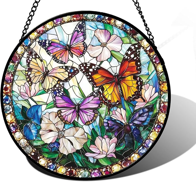 DASTOLL Stained Glass Window Hanging, Colorful Butterfly Suncatcher for Doors Home Sun Catchers Decoration and Christmas, Mother's Day Birthday Gifts for Women, Men, and Mom 7.8 in