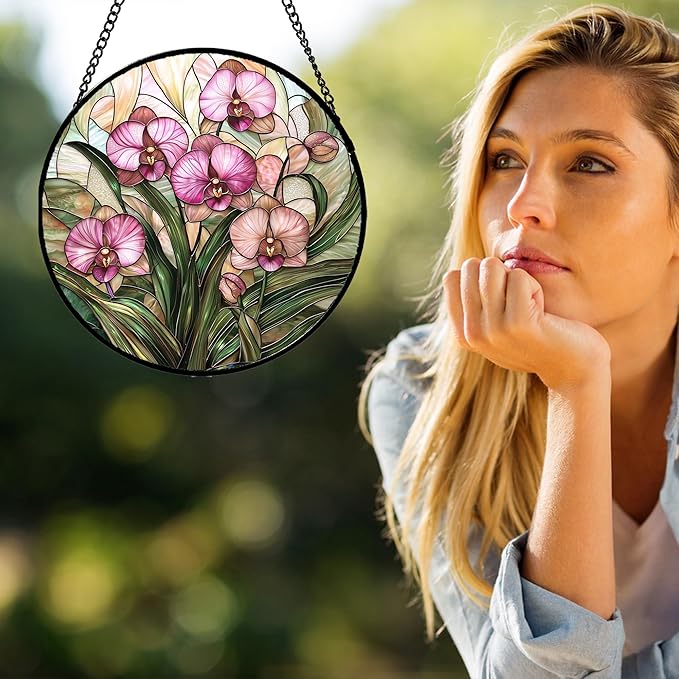AMDERVEN Stained Glass Window Hanging - Pink Phalaenopsis Orchid Green Leaves Sun Catcher for Door Home Decor Flower Suncatcher Christmas Mother's Day Birthday Gifts for Women Men Mom Nana 15 in