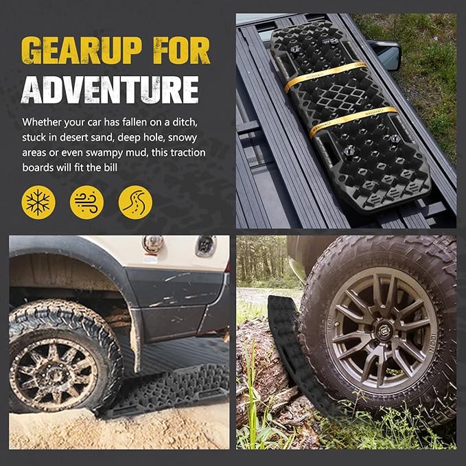 BUNKER INDUST Gen 7th Traction Boards with Mounting Kit, Pair Offroad Recovery Tracks with Jack Base for 4X4 Jeep Truck Tire Traction-Sand,Mud, Snow Ramps (Black)