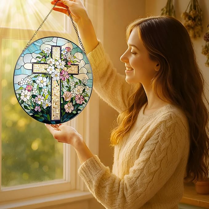 8'' Christian Stained Glass Suncatcher Ornament, Cross Window Hanging, Window Decor, Jesus Home Decor, Gifts for Christmas, Easter Faith Cross Gifts, Religious Gift, Christian Gift