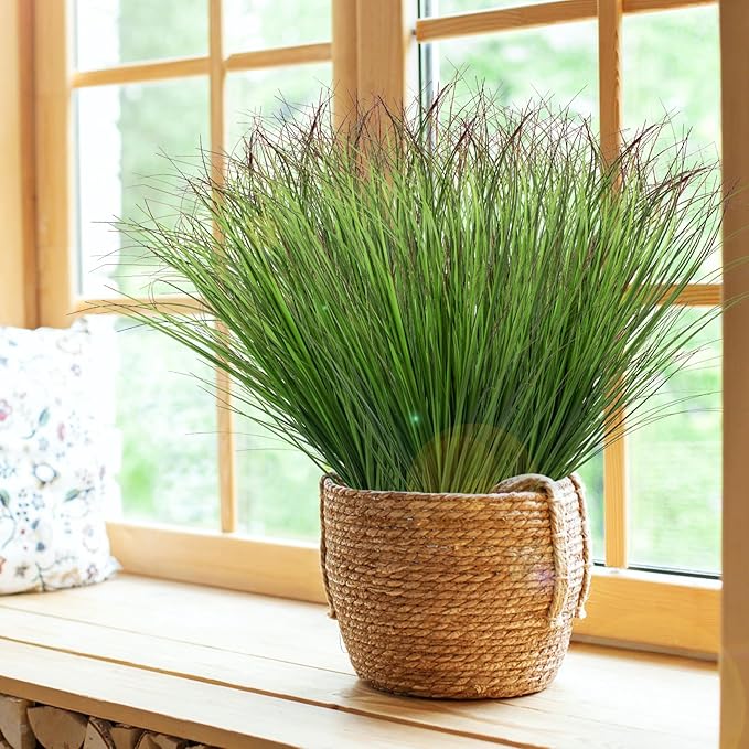 LUZOGA 12Pcs Artificial Grass Plants, Faux Shrubs Wheat Grass, Artificial Tall Grass Fake Plants for Outdoor Decor,Artificial Greenery Stems Weed for Room Indoor Home Decor（Green Red Tail）